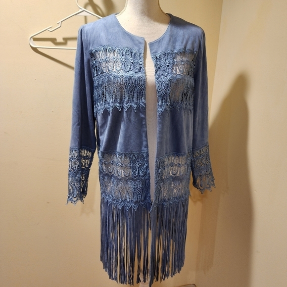 Chico's blue faux suede lace fringe open front cardigan Chico's size 1 - Picture 12 of 14
